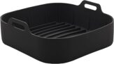 Forma de silicone para airfryer, forno, quadrada com alça 20x20cm reutilizável para fritadeira elétrica, Preto