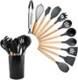 Kit 12 Utensílios de Cozinha Kit Em Silicone Livre de BPA E Cabo De Madeira Jogo De Utensílios Resistente ao Calor Antiaderente 12 Peças (Preto)