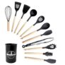 Kit Jogo de Utensílios Para Cozinha 12 Peças, de Silicone e Cabo de Madeira, Conjunto Antiaderente, Possui Espátulas, Colheres, Pegadores, Fouet, Pincel e Suporte Premium (Preto)